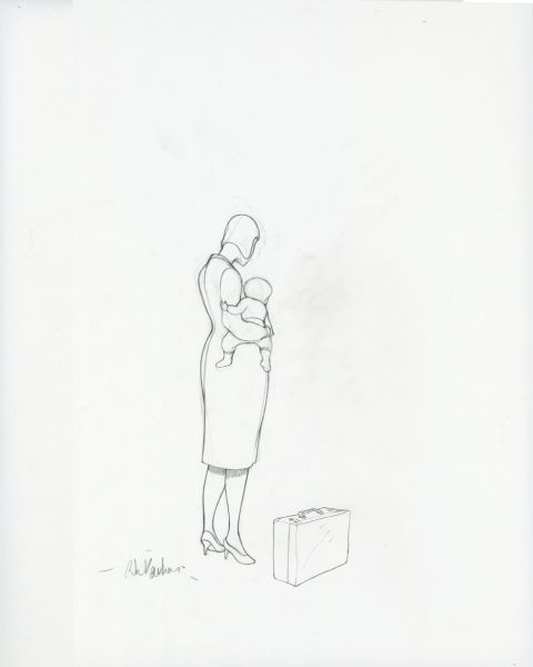 Y&eacute;ti, Femme et son enfant (attendant le train), 2015, Recherche crayonn&eacute;e