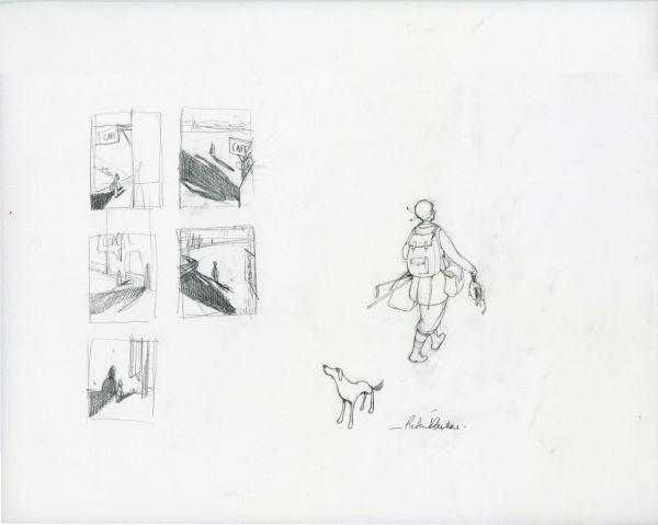 Y&eacute;ti, H&eacute;roine et chien (marche vers le caf&eacute;), 2015, Recherche crayonn&eacute;e