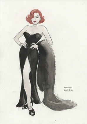 Noir burlesque tome 2, illustration, Caprice robe noire et boa fourrure