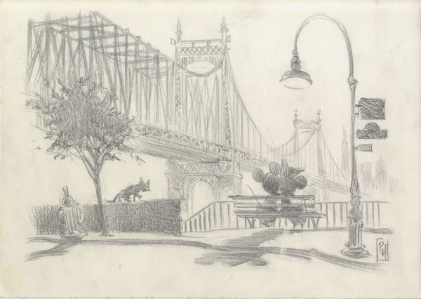 Devant le pont de Brooklyn, crayonn&eacute;