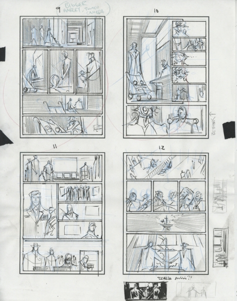 Batman: Curse of the White Knight, storyboard issue 5, page 9 &agrave; 12