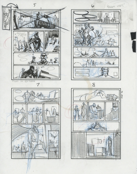 Batman: Curse of the White Knight, storyboard issue 5, page 5 &agrave; 8