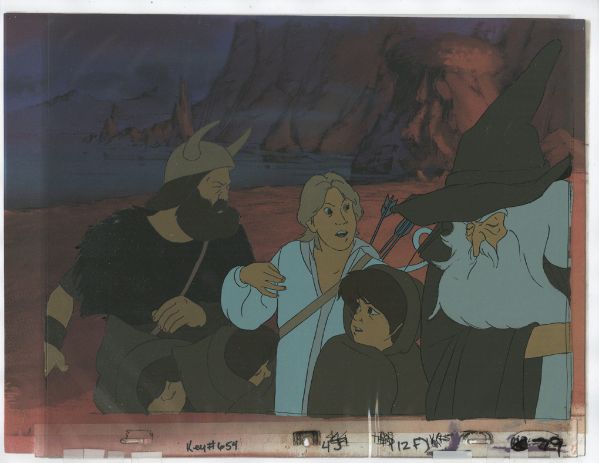 4 Calques d'animation, Boromir, Legolas, Gandalf, Frodon et deux hobbits, Le seigneur des anneaux, 1978