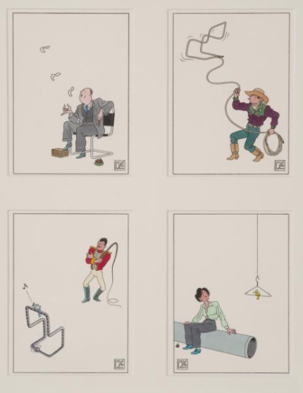 Variations sur chaises en m&eacute;tal, ensemble de quatre illustrations